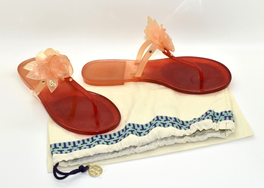 A8 Auth TORY BURCH Thong Strap Floral Embellishments Orange Jelly Sandals Sz 8M - Picture 1 of 5